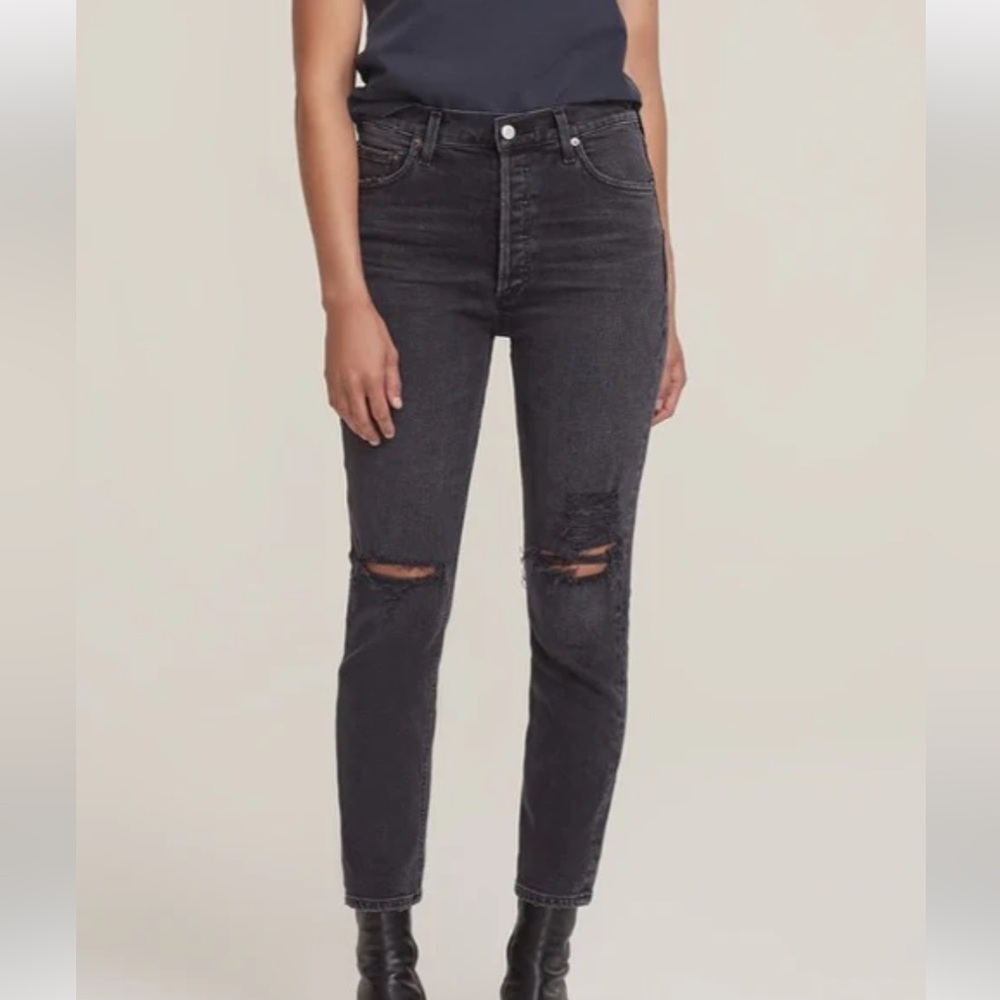 AGOLDE Riley High Rise Crop Slim Fit Jeans Black Distressed Knee Button Fly 29